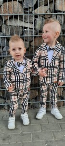GARNITUR MARYNARKA Body z muszką + Spodnie na szelkach BEŻOWA krata kratka BURBERRY Urodziny Roczek  