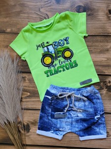 LATO kompet dla chłopca   tshirt krótki rękaw traktory traktor ciągnik , krótkie spdenki jeans kieszonka kangur sznureczek 