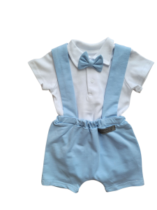 Komplet Letni Body krótki rękaw Z KOŁNIERZYKIEM + krótkie spodnie na szelkach BŁĘKIT BABY BLUE