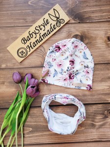 Czapka + Komin / Chusta KWIATY W ODCIENIACH WRZOSU