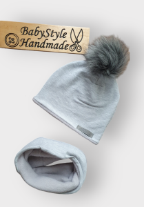 ZIMA Czapka z POMPONEM + Komin / Chusta SZARY MELANŻ POLAR  (1)