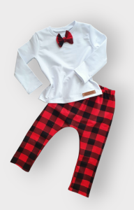 Elegancki zestaw bluzka z muszką + spodnie baggy ŚWIĘTA CZERWONO CZARNA KRATA